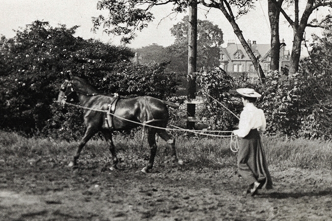 Sylvia training a young horse in 1906.  Image courtesy of the Westinghouse family