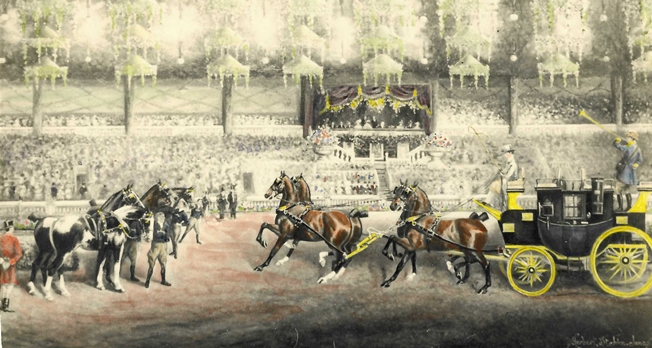 Painting by Herbert St. John Jones showing Miss Brocklebank and The Wonder at the 1908 Quick Change competition at Olympia