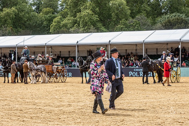 Sarah commentating with husband Richard stewarding during the Pol Roger BDS Meet, Royal Windsor 2026